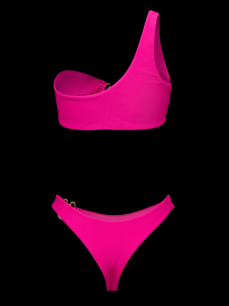 Back angle view of asymmetric red bikini showing sculpted fit