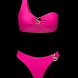 Front angle view of asymmetric crimson red luxury bikini on model