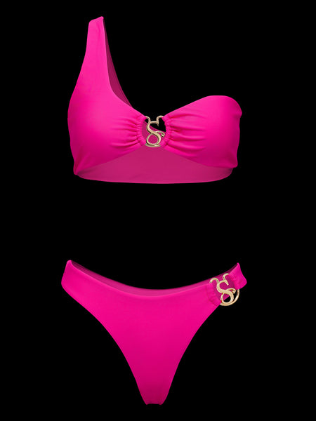 Front angle view of asymmetric crimson red luxury bikini on model