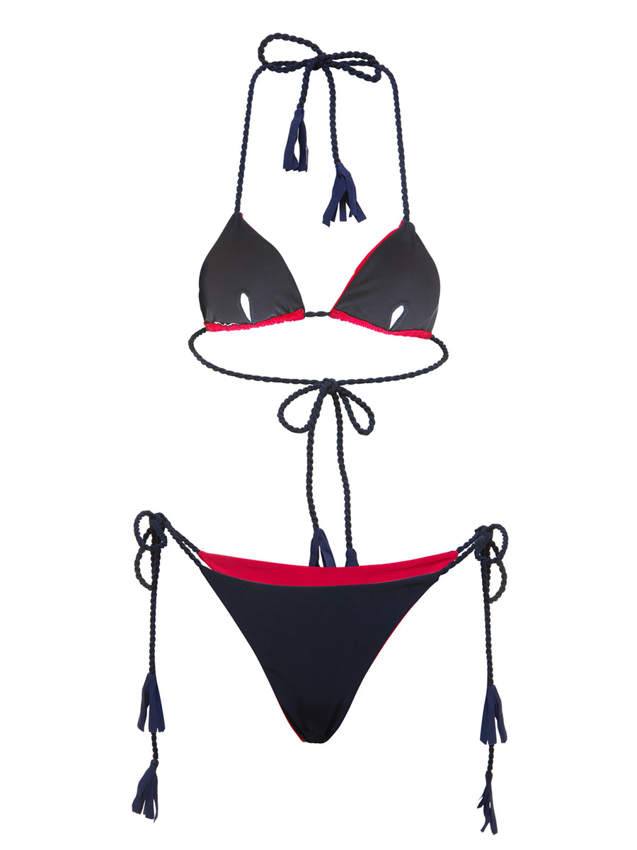 Deep red bikini back view with tie-up strings and minimal coverage design