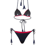 Deep red bikini back view with tie-up strings and minimal coverage design