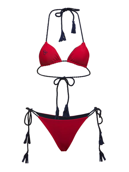 Deep red string bikini set with black straps and tassels on a white background