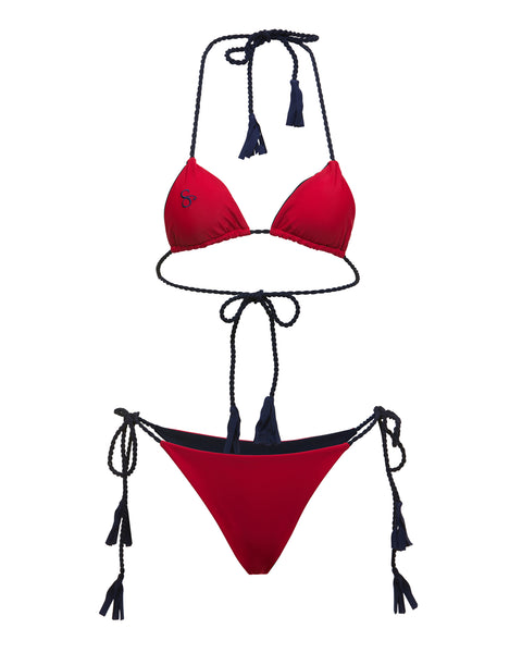 Deep red string bikini set with black straps and tassels on a white background