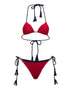 Deep red string bikini set with black straps and tassels on a white background