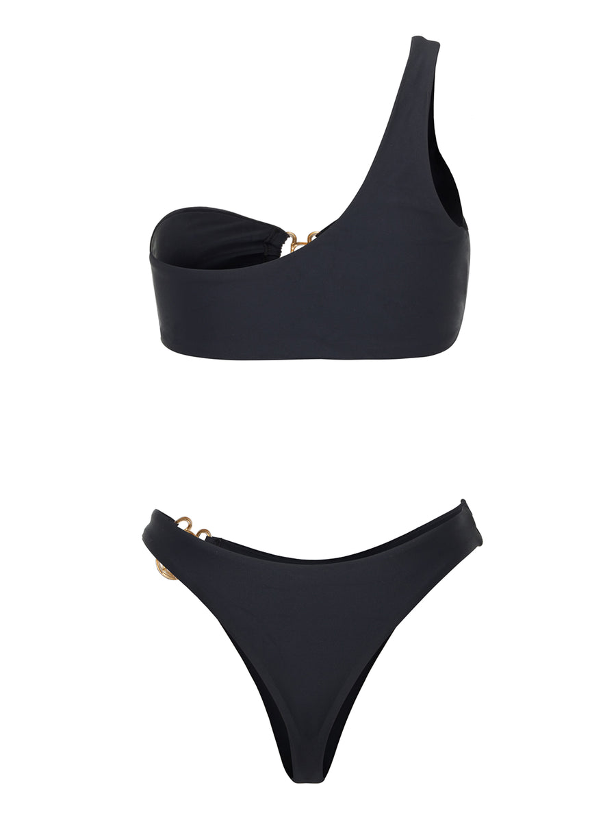 SBOVIA Nero Classico black single-shoulder bikini set product shot with asymmetrical design and premium hardware