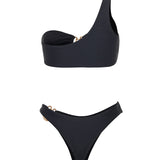 SBOVIA Nero Classico black single-shoulder bikini set product shot with asymmetrical design and premium hardware