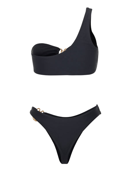 SBOVIA Nero Classico black single-shoulder bikini set product shot with asymmetrical design and premium hardware