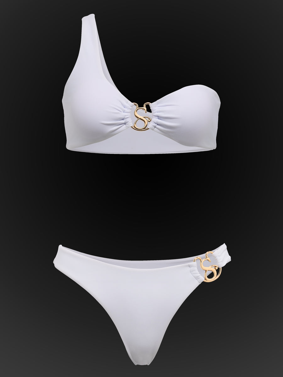 SBOVIA Oro Puro asymmetrical metallic gold monokini front view product shot with metallic finish and signature gold "S" hardware