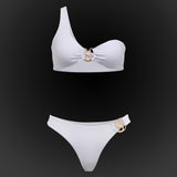 SBOVIA Oro Puro asymmetrical metallic gold monokini front view product shot with metallic finish and signature gold 