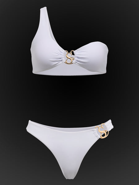 SBOVIA Oro Puro asymmetrical metallic gold monokini front view product shot with metallic finish and signature gold "S" hardware