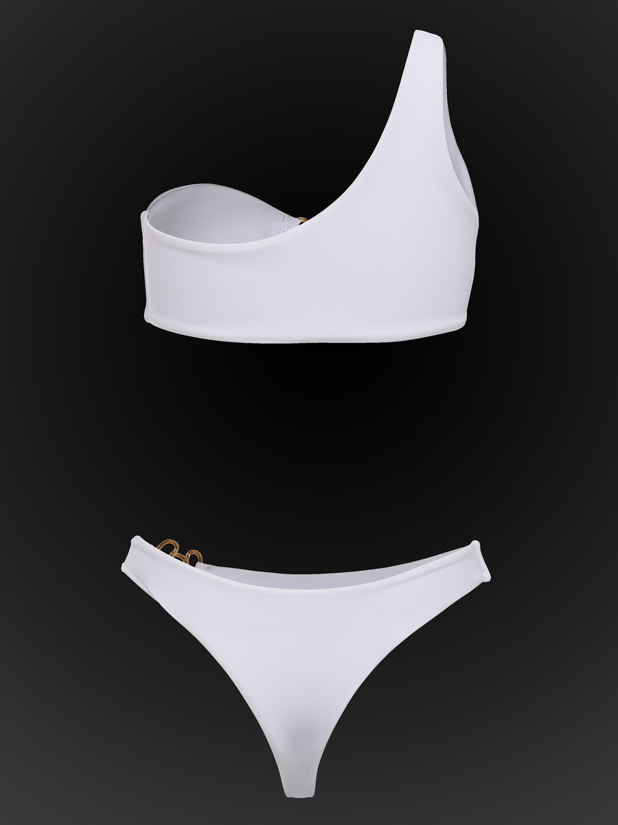 SBOVIA Oro Puro asymmetrical metallic gold monokini back view product shot with metallic finish and signature gold "S" hardware