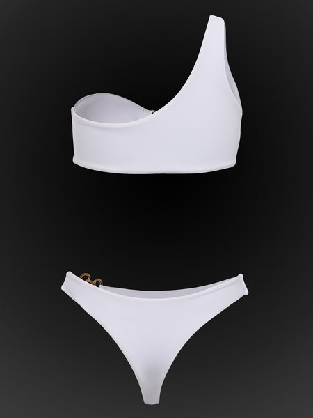 SBOVIA Oro Puro asymmetrical metallic gold monokini back view product shot with metallic finish and signature gold "S" hardware
