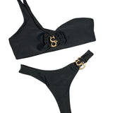 SBOVIA Nero Classico black single-shoulder bikini set product shot with asymmetrical design and premium hardware