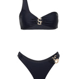 SBOVIA Nero Classico black single-shoulder bikini set product shot with asymmetrical design and premium hardware