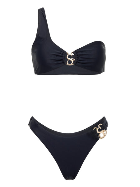 SBOVIA Nero Classico black single-shoulder bikini set product shot with asymmetrical design and premium hardware