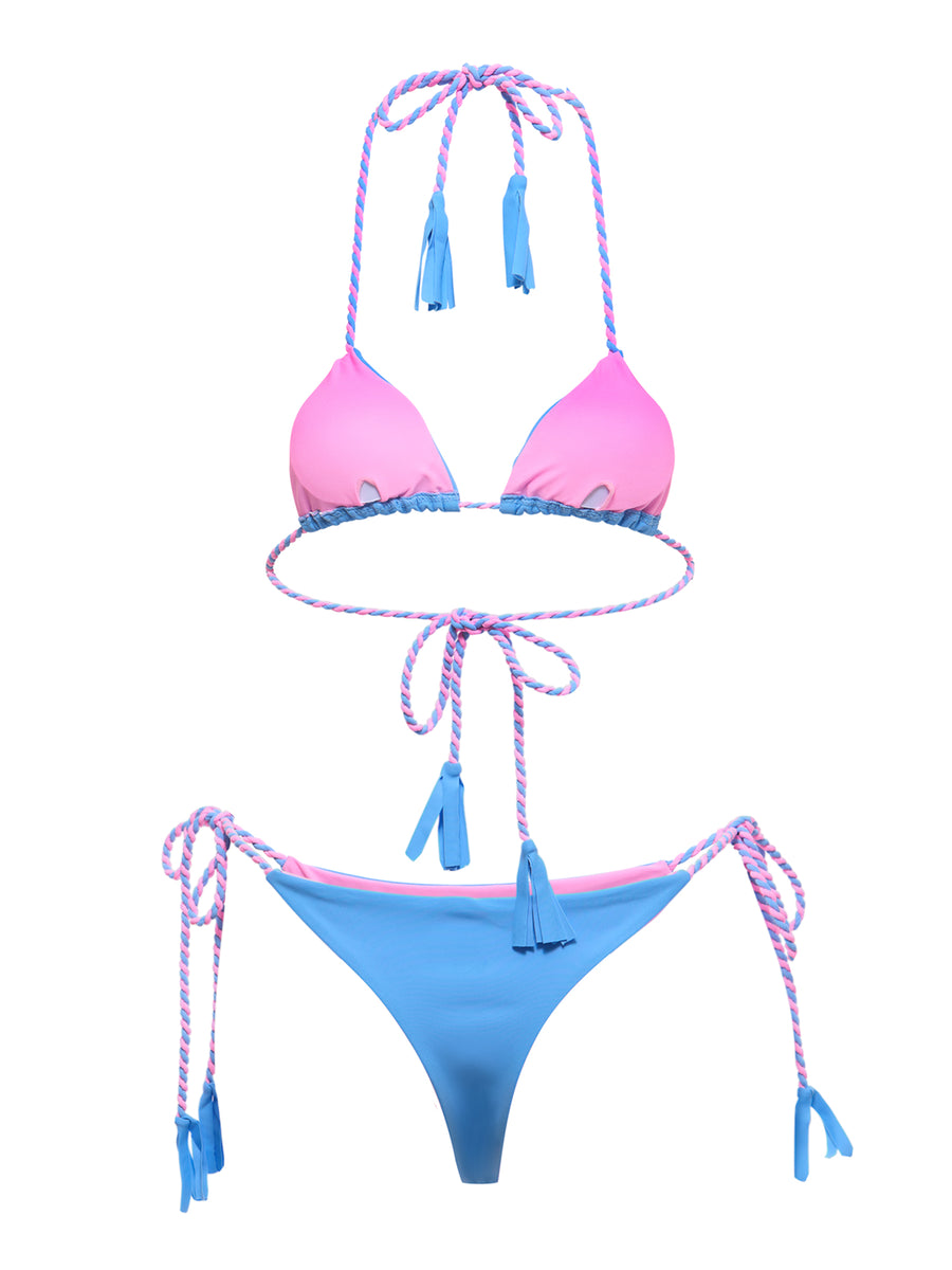 Front angle view of sky blue and pink pastel bikini on model