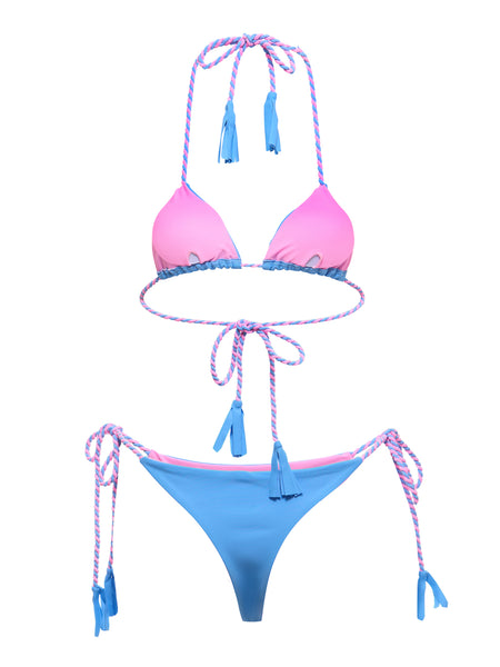 Front angle view of sky blue and pink pastel bikini on model