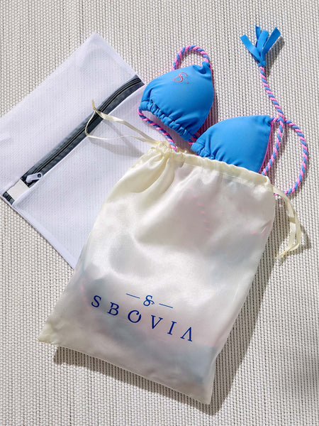 SBOVIA luxury swimwear packaging for Blue Blush Fusion bikini